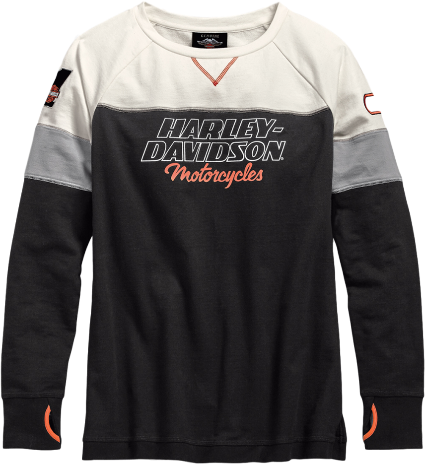 哈雷戴維森 桌布 壁紙 — 一件黑色、白色和灰色的Harley-Davidson品牌衛衣，胸前有橙色點綴和顯眼的標誌。