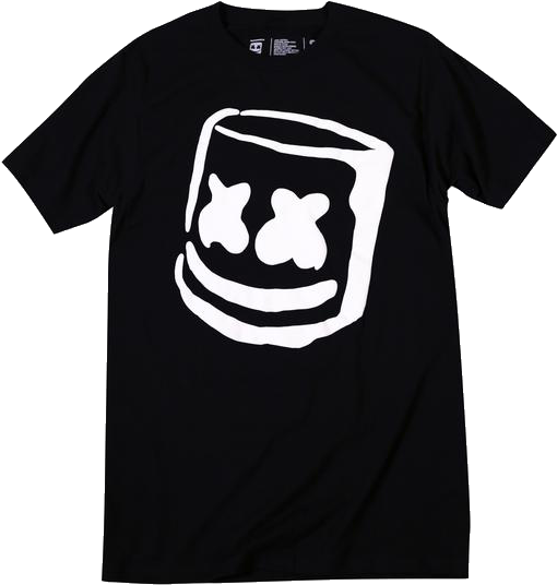 Marshmello 動態圖 桌布 壁紙 — 一件黑色T恤，上面有Marshmello標誌性頭盔設計的大膽白色圖案。