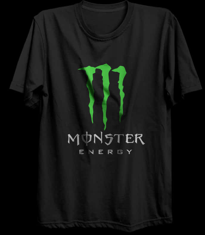 Monster Energy Drink 桌布 壁紙 — 一件黑色T恤，上面有亮綠色Monster Energy標誌和銀色文字，背景為深色。