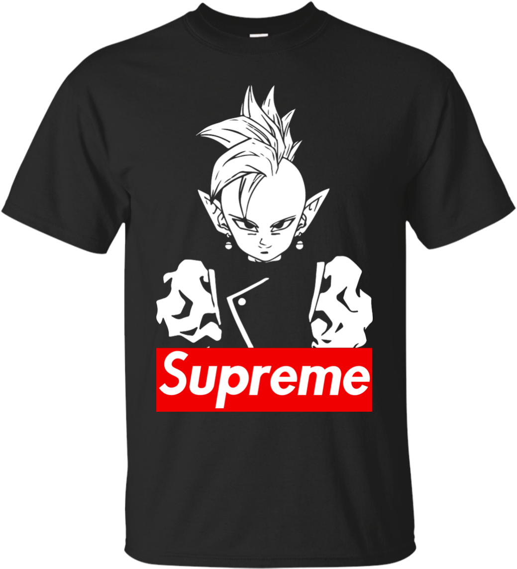 supreme 桌布 壁紙 — 一件黑色T恤上有一個白色線條繪畫的刺蝟頭動漫角色，下方有一個紅色Supreme標誌。