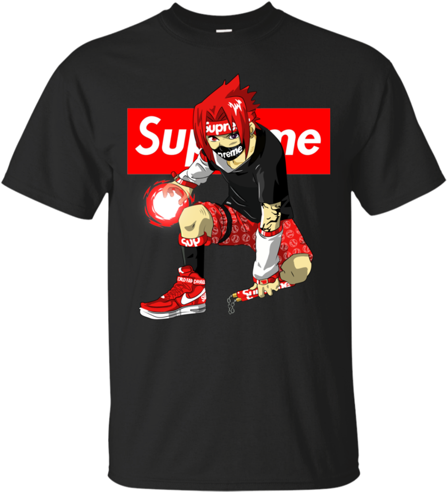 T Shirt 桌布 壁紙 — 一件黑色T恤上有一個風格化的動漫角色，紅髮戴面具，手持發光球體和香煙，背景是紅色Supreme標誌。