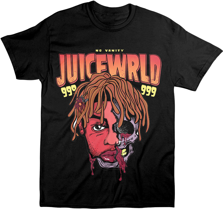 Juice WRLD 桌布 壁紙 — 一件黑色T恤展示Juice WRLD的半人半骷髏圖案，帶有紅色滴落效果，上方有粗體橙色文字「JUICEWRLD 999」。
