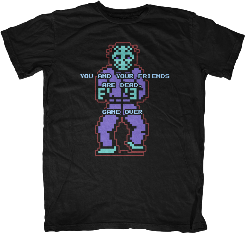 傑森·沃爾希斯 桌布 壁紙 — 一件黑色T恤展示了一個像素化的Jason Voorhees手持砍刀，並帶有'YOU AND YOUR FRIENDS ARE DEAD GAME OVER'的文字。