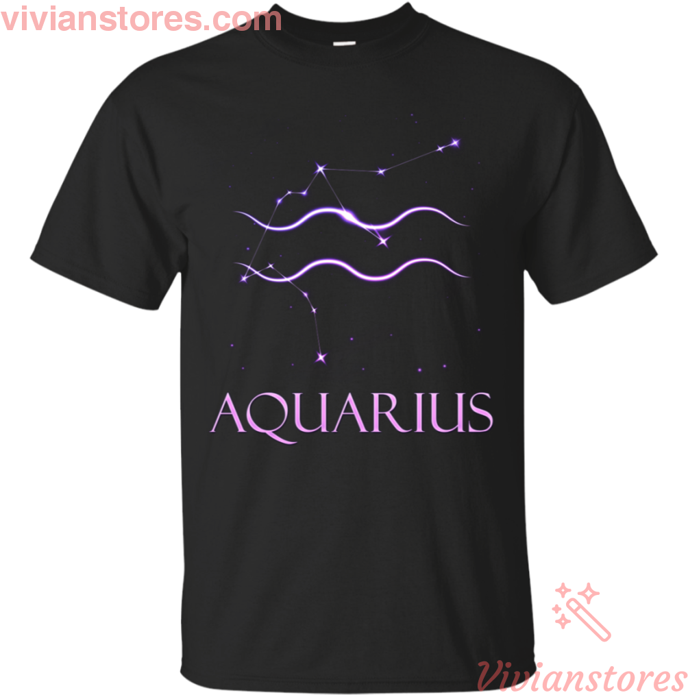 aquarius 桌布 壁紙 — 一件黑色T恤展示了一個發光的紫色水瓶座星座，帶有波浪線和以匹配紫色字體書寫的「Aquarius」字樣。