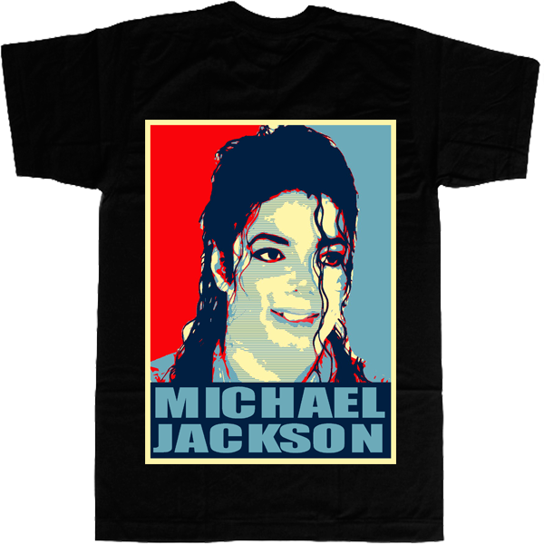 麥可·傑克森 桌布 壁紙 — 一件黑色T恤展示了一張風格化的Michael Jackson海報，帶有紅色和藍色背景及粗體文字。