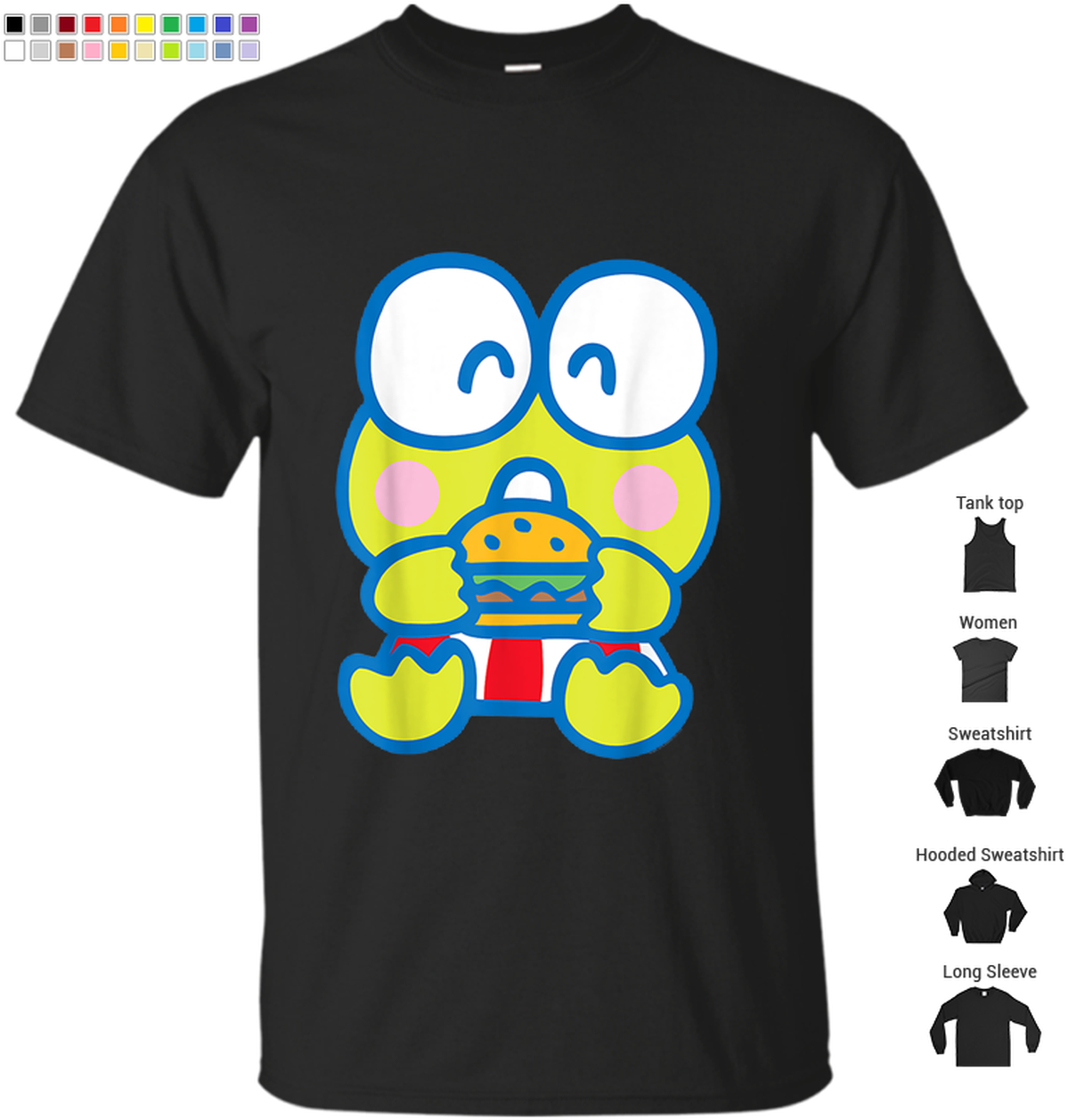 Cute Frog 桌布 壁紙 — 一件黑色T恤展示了一隻卡通青蛙，大眼睛快樂地吃著色彩繽紛的漢堡。