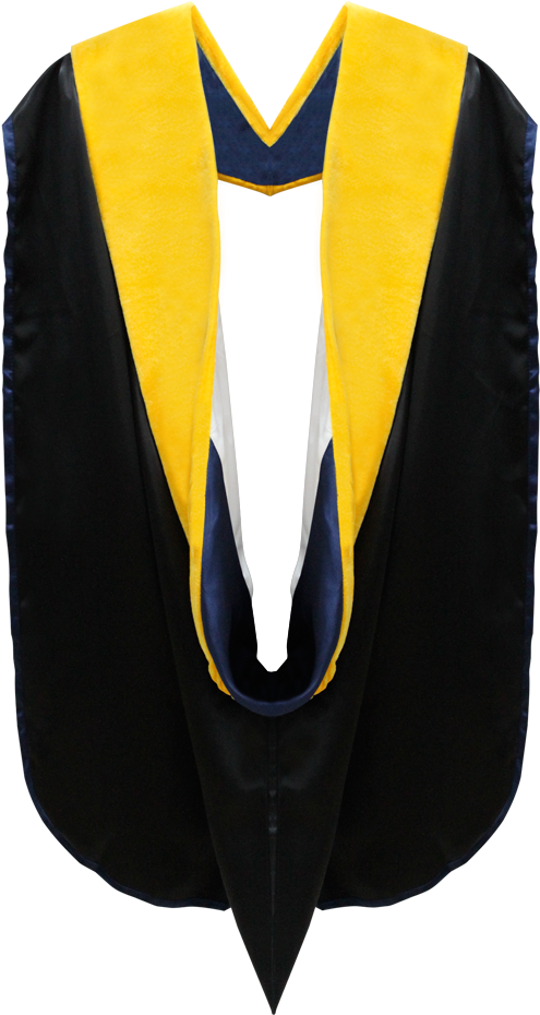 Yellow And Black 桌布 壁紙 — 一件黑色畢業袍，V領和前片飾有大膽的黃色和海軍藍天鵝絨點綴。