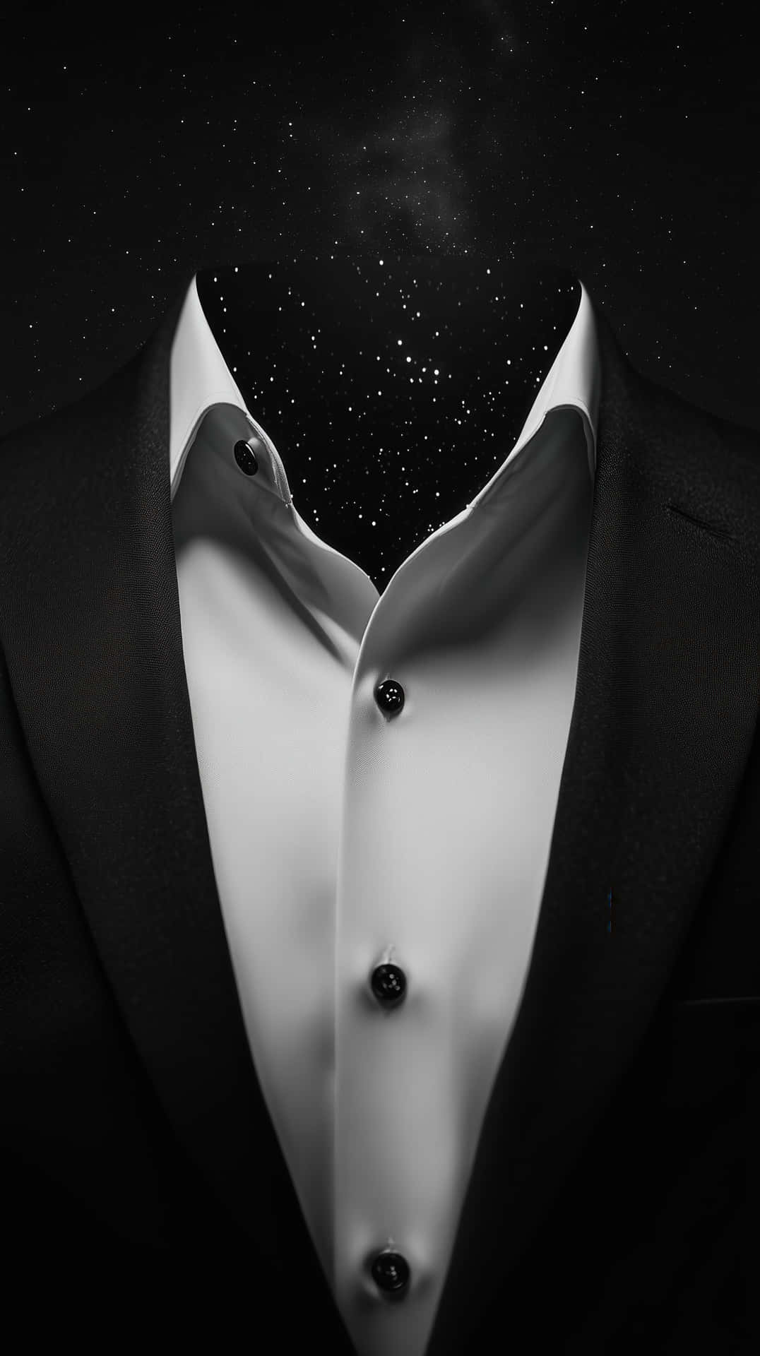 Surreal abstract design of a formal suit blending with stars 壁紙 — 一件黑色禮服襯衫，打開領口露出本應是頭部位置的星空夜空。