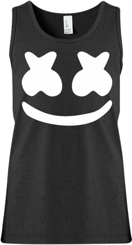Marshmello 動態圖 桌布 壁紙 — 一件黑色背心，上面有一個帶有X眼睛的大白色笑臉，背景為純色。
