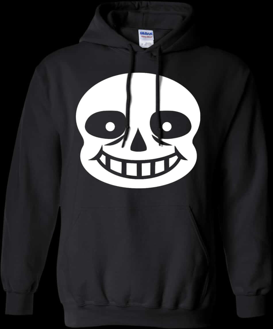 Undertale 桌布 壁紙 — 一件黑色連帽上衣，上面有一個大型白色卡通骷髏圖案，有著大眼睛和露齒笑容，背景為深色。