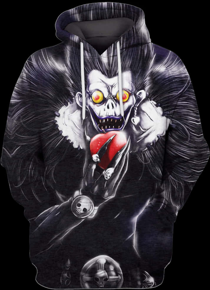 Death Note Ryuk 桌布 壁紙 — 一件黑色連帽上衣上印有一個骷髏圖案，雙眼發出黃光，在黑暗背景中緊握著一顆紅心。