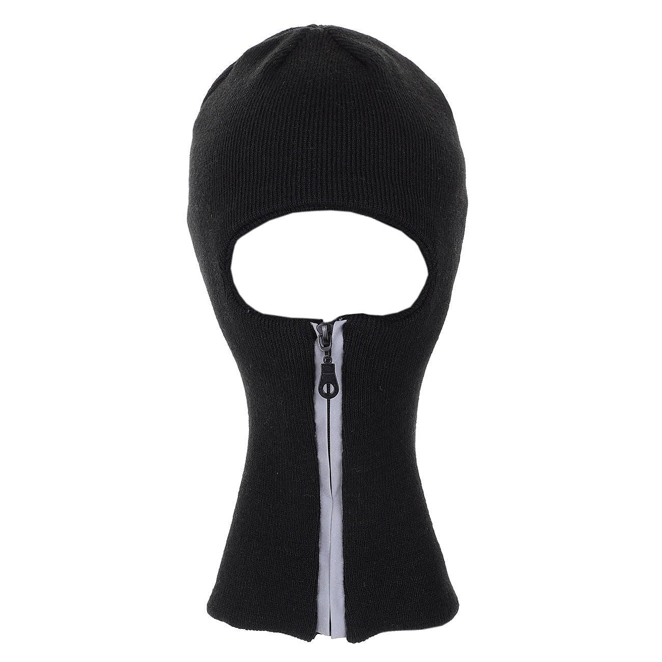 Black Ski Mask 桌布 壁紙 — 一件黑色針織巴拉克拉法帽，配有前拉鍊和眼孔，展示在純白色背景上。