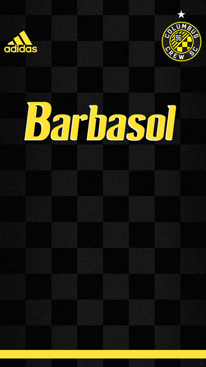 愛迪達 桌布 壁紙 — 一件黑黃格子足球球衣，上面有粗體黃色文字 'Barbasol' 和 Columbus Crew SC 標誌。