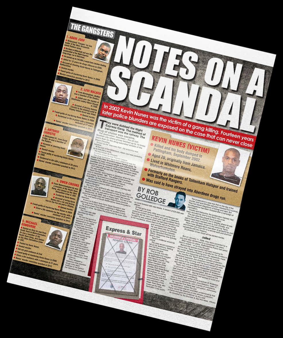 Newspaper 桌布 壁紙 — 一份傾斜的報紙跨頁，標題為「Notes on a Scandal」，詳細報導2002年的一起幫派殺人案，附有照片和文字，講述受害者及警方失誤。