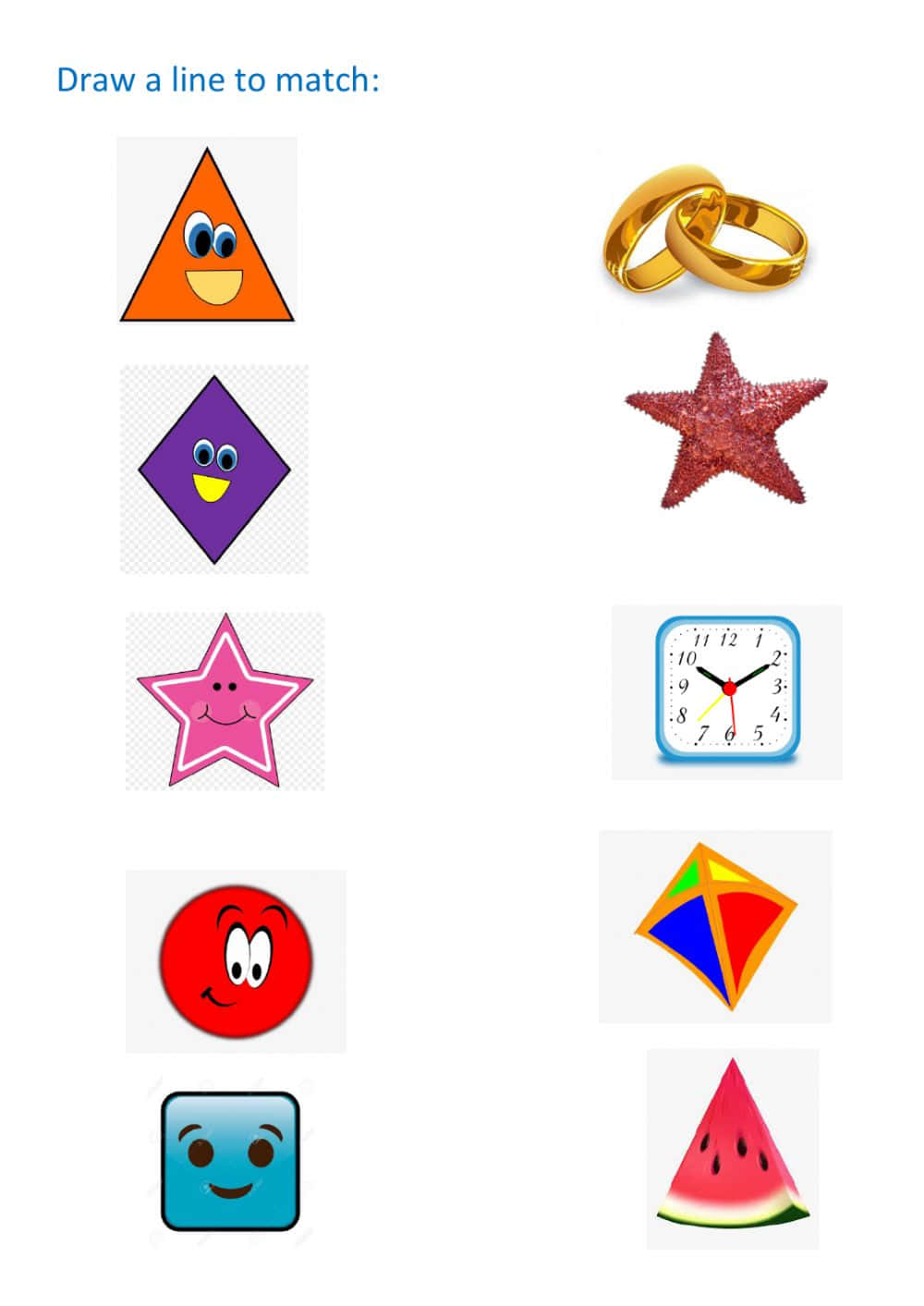 Shapes 桌布 壁紙 — 一份包含色彩繽紛幾何形狀和物體的工作紙，需要透過畫線來配對。