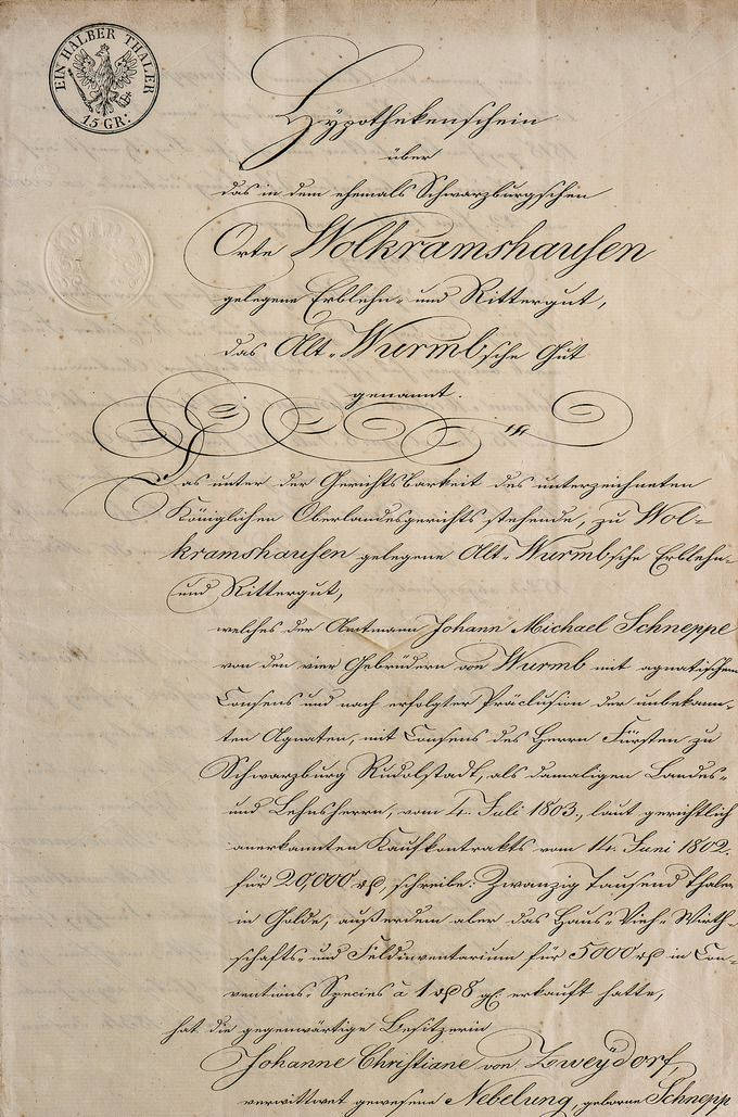Old Paper 桌布 壁紙 — 一份古老的羊皮紙文件，帶有精緻的草書手寫體和官方印章，內容為德文。