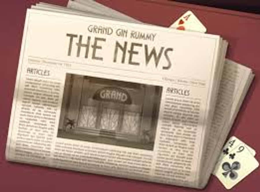 Casino 桌布 壁紙 — 一份名為「THE NEWS」的復古報紙，標題為「GRAND GIN RUNWAY」，附近散落著撲克牌。