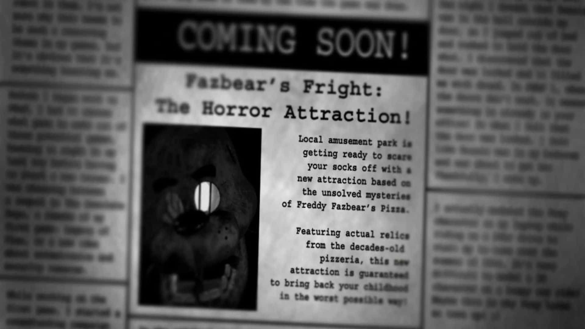 Fazbear Frights 桌布 壁紙 — 一份報紙剪報宣布Fazbear's Horror Attraction，附有一張黑暗中發光眼睛的模糊照片。
