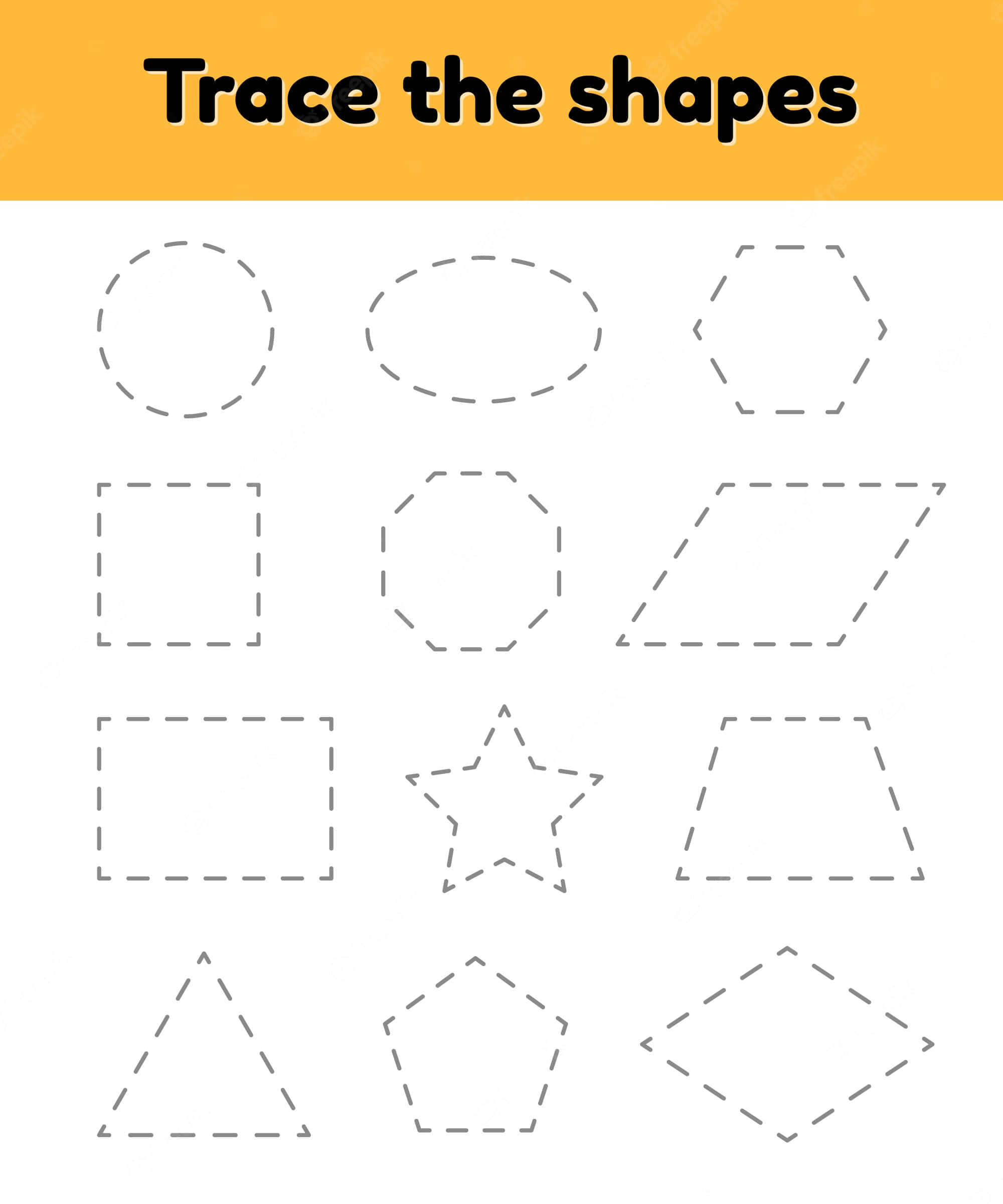 Shapes 桌布 壁紙 — 一份帶有各種幾何形狀虛線輪廓的工作表，用於描摹練習。