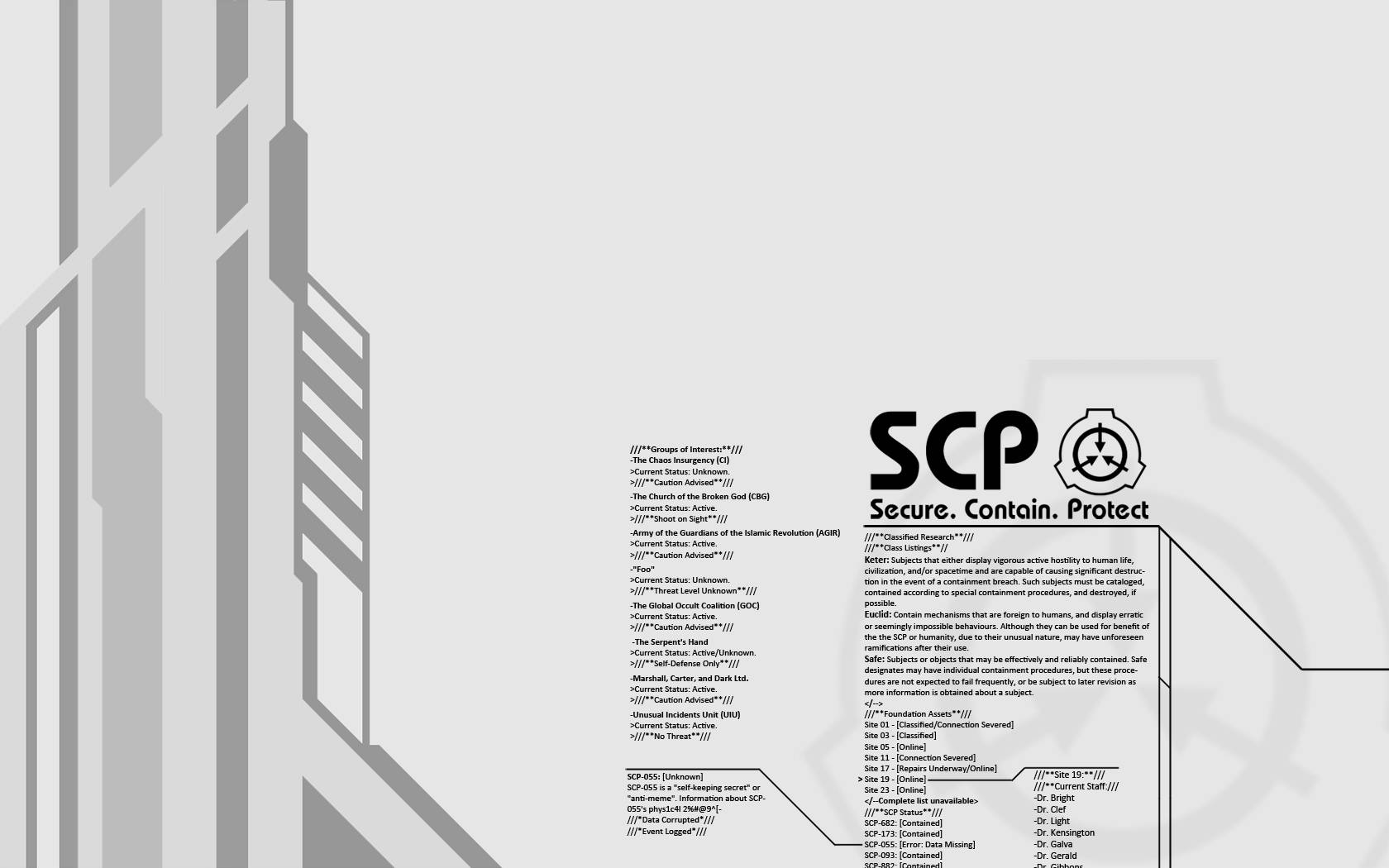 SCP 桌布 壁紙 — 一份清晰的白色SCP基金會文件，帶有黑色文字，詳細說明異常實體的收容程序，並以極簡灰色幾何建築框架。