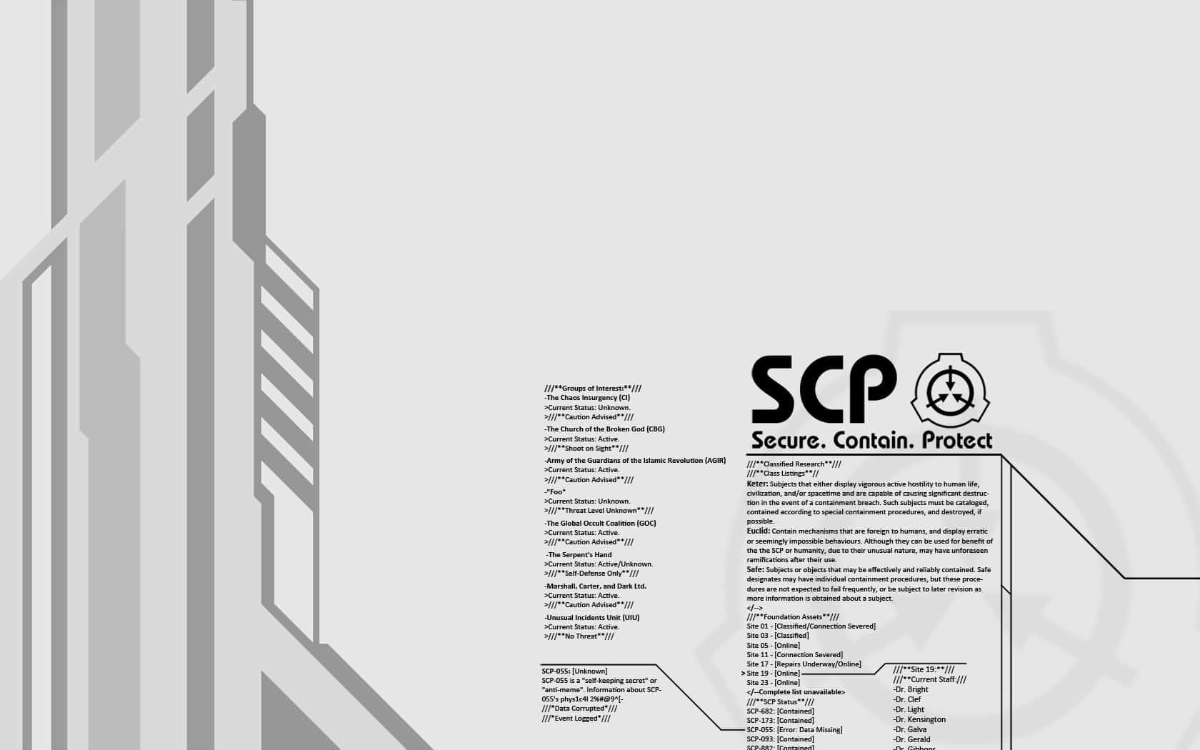 SCP 桌布 壁紙 — 一份清晰的白色SCP基金會文件，帶有黑色文字，詳細說明異常實體的收容程序，以極簡灰色幾何建築為框架。