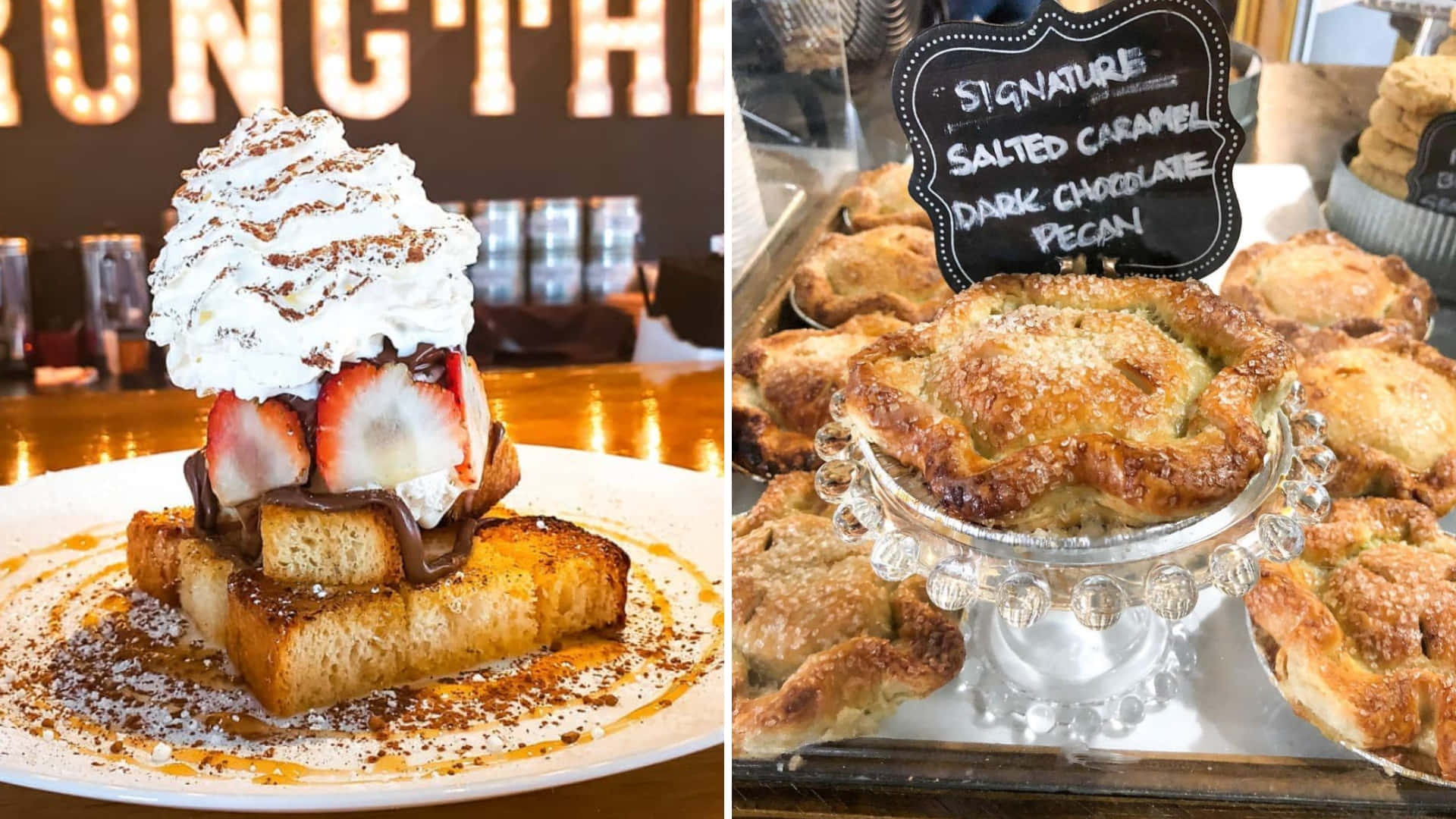 Pastries 桌布 壁紙 — 一份頹廢的法式吐司，上面放著鮮奶油、草莓和焦糖醬，旁邊的玻璃架上放著金棕色的山核桃派。