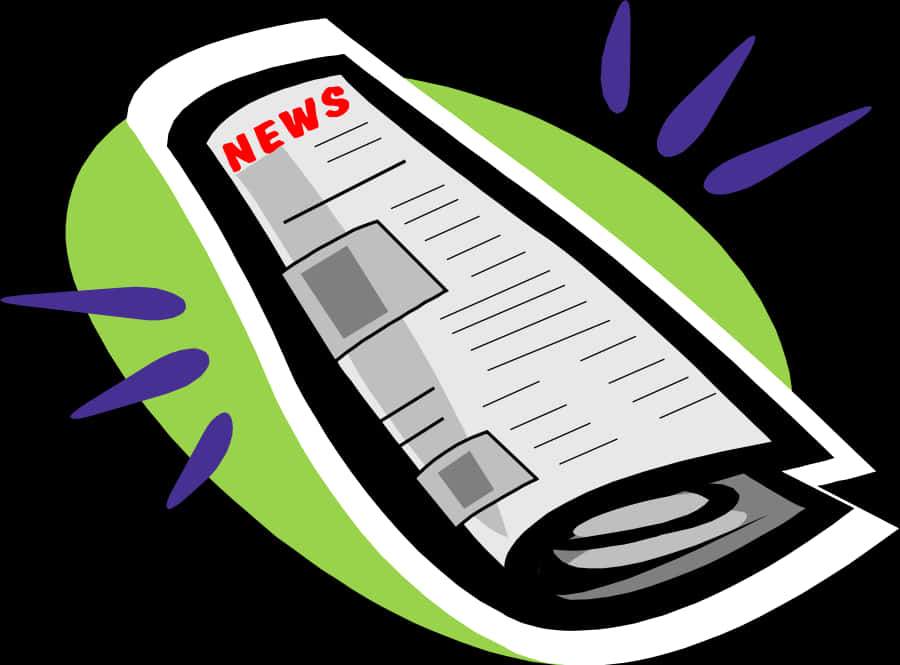 報紙 桌布 壁紙 — 一份風格化的捲報紙，帶有紅色「NEWS」標題，在黑色背景上動態旋轉，帶有綠色和紫色的運動條紋。