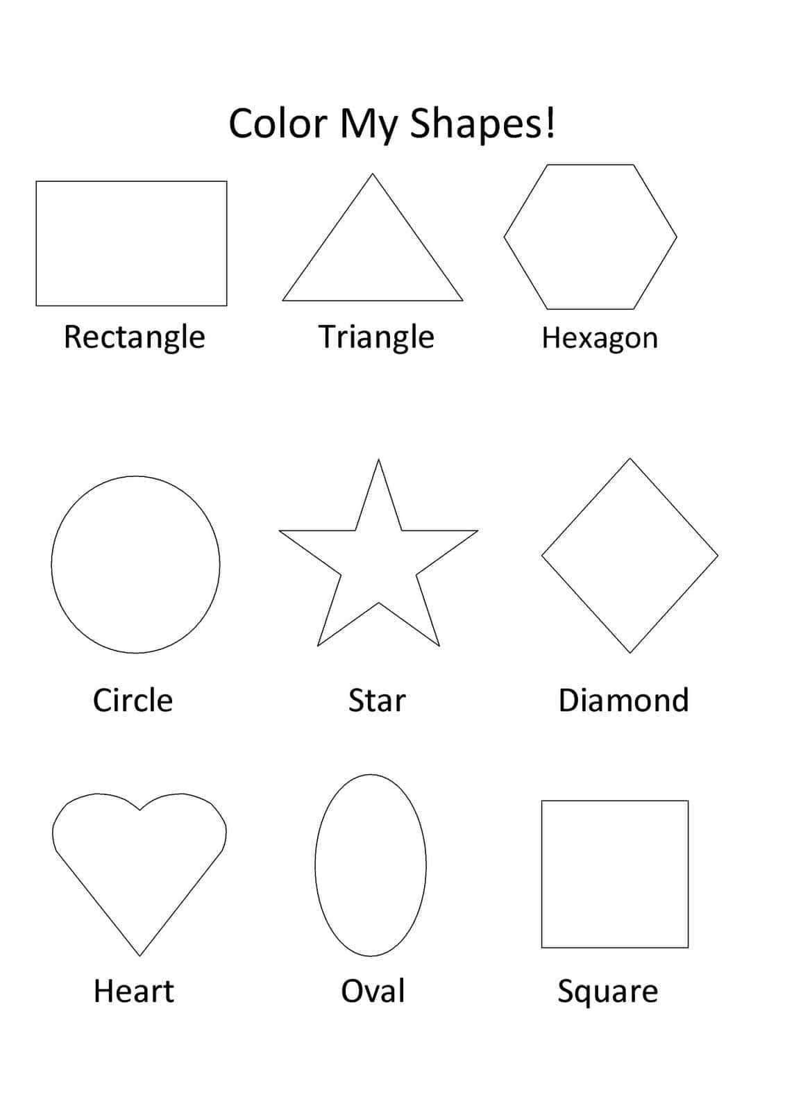 Shapes 桌布 壁紙 — 一份黑白學習單，顯示九個基本幾何形狀及其名稱標示在下方。