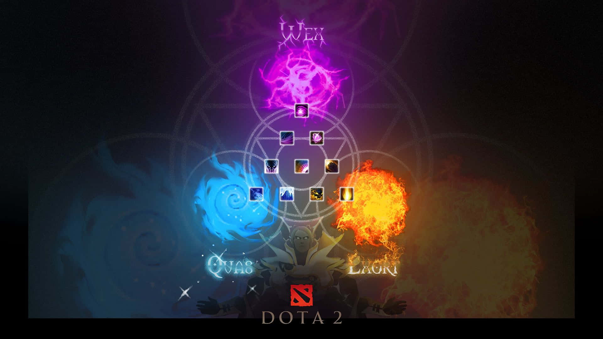 Hero 桌布 壁紙 — 一位 DOTA 2 英雄站在發光的神秘五角星中央，周圍環繞著旋轉的火、水和閃電元素力量。