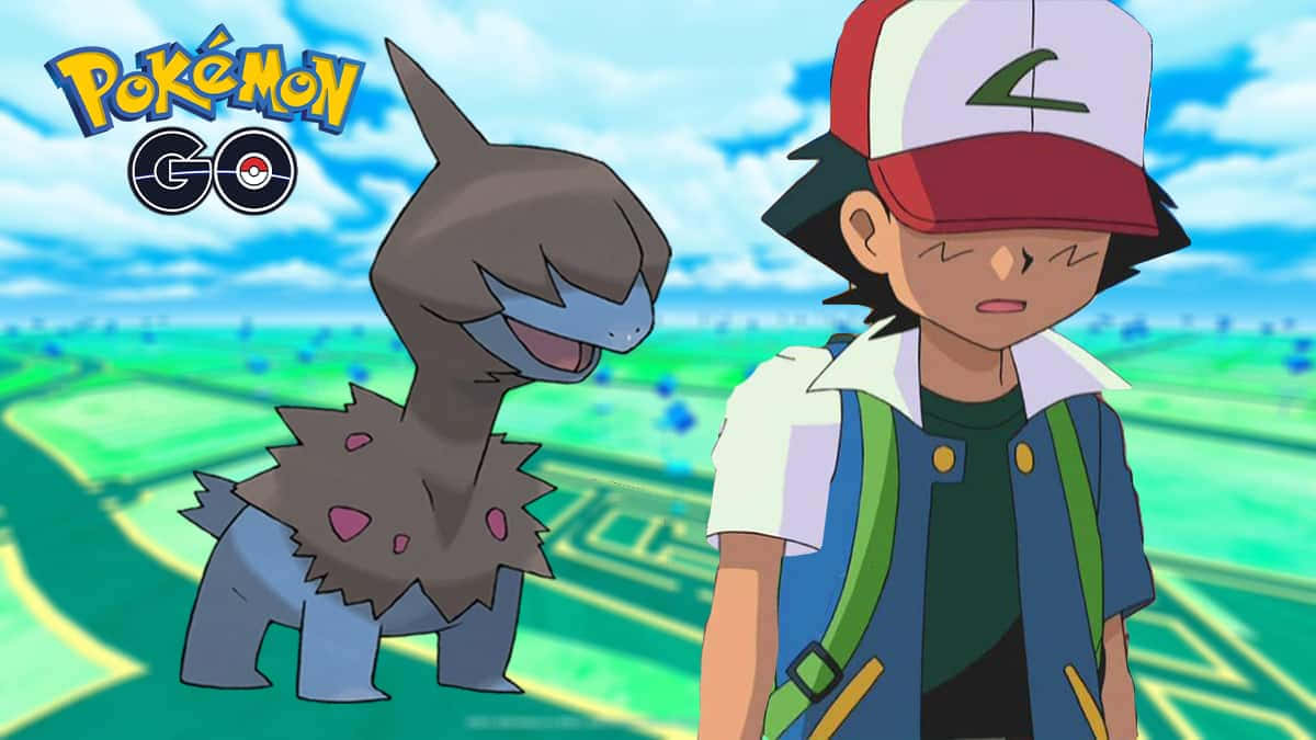 Pokemon Landscape 桌布 壁紙 — 一位 Pokémon GO 訓練家和他的敲音猴一起站在藍天白雲下的明亮綠色田野中。