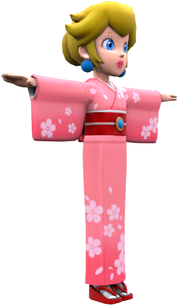 Cartoon 桌布 壁紙 — 一位3D渲染的公主，身穿粉紅色花卉和服，戴著藍色耳環和紅色涼鞋，雙臂伸展，站在黑色背景前。