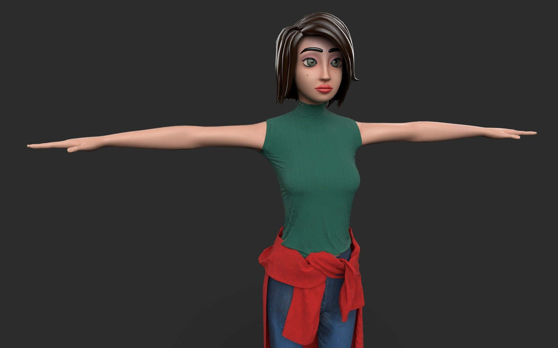 3D 桌布 壁紙 — 一位3D渲染的短棕髮女性，穿著綠色上衣和藍色牛仔褲，腰間繫著紅色圍巾，雙臂張開，背景為深灰色。