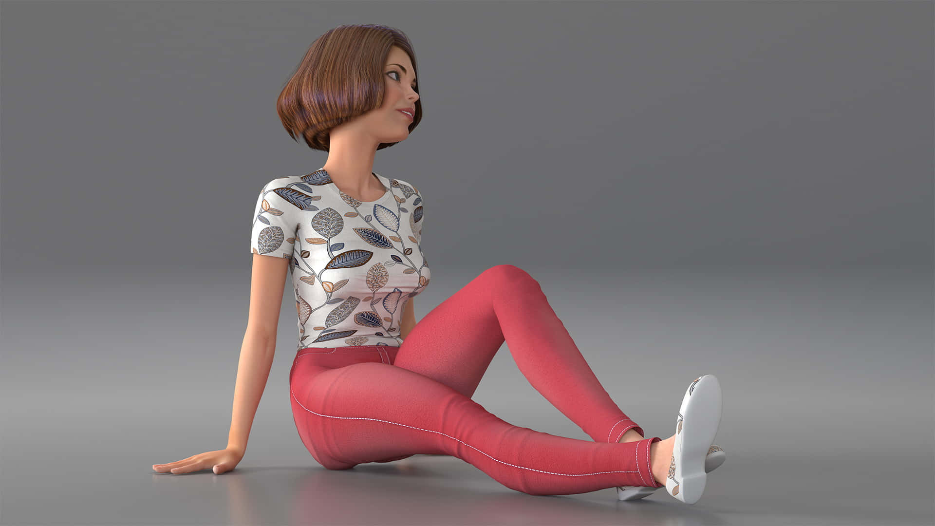 Woman 桌布 壁紙 — 一位3D渲染的短棕髮女性盤腿坐在灰色地板上，穿著圖案上衣和紅色褲子。