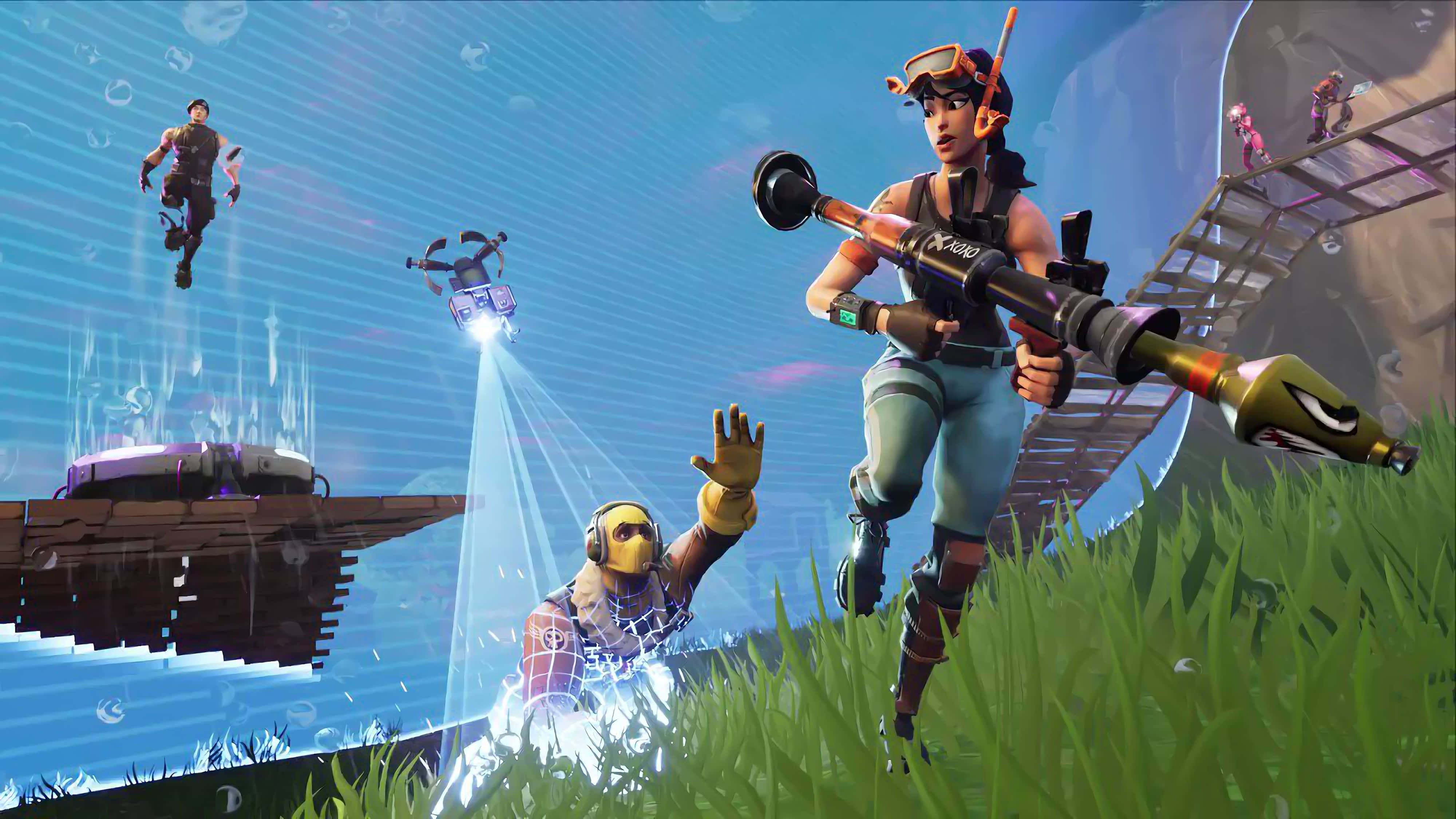 Fortnite 桌布 壁紙 — 一位Fortnite玩家在草地上瞄準武器，而其他玩家則在天空和浮動平台上戰鬥。