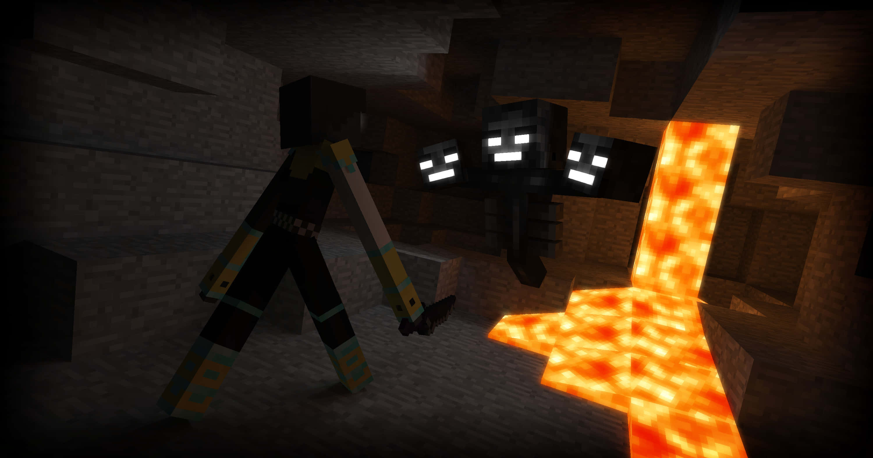 Minecraft Wither Boss 桌布 壁紙 — 一位Minecraft玩家在一個由發光熔岩照亮的昏暗地下洞穴中面對一隻苦力怕。