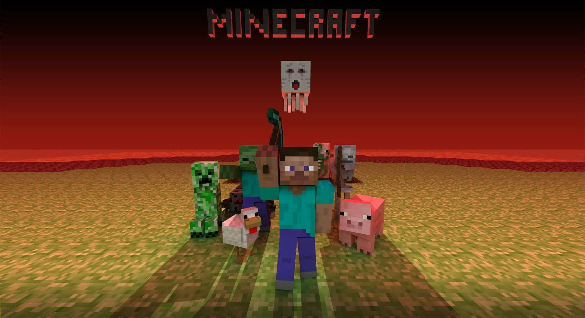 Minecraft Phone 桌布 壁紙 — 一位Minecraft玩家在日落時站在像素化的田野中，周圍有殭屍、苦力怕和豬，天空是紅色的。