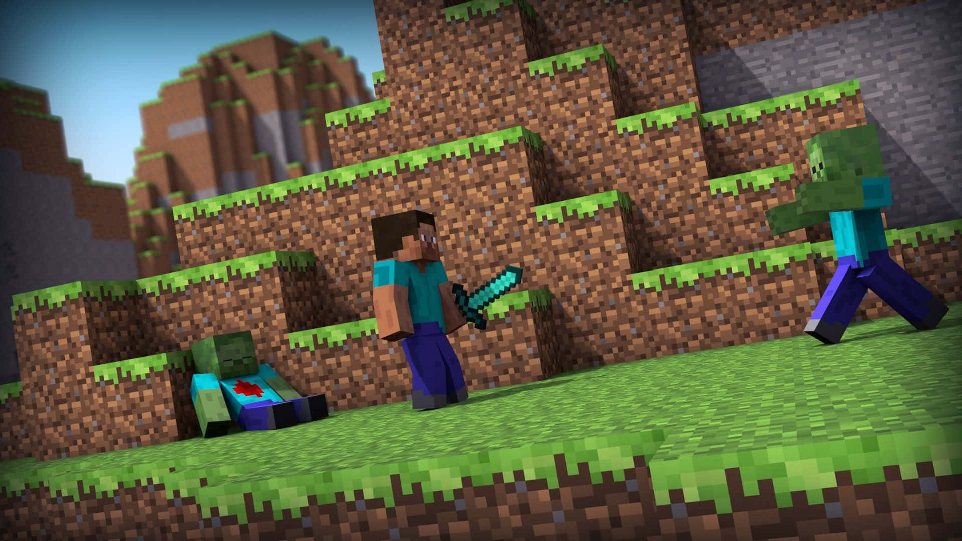桌布 壁紙 — 一位Minecraft玩家在晴朗天空下的方塊草地地形上，揮舞鑽石劍對抗兩隻殭屍。