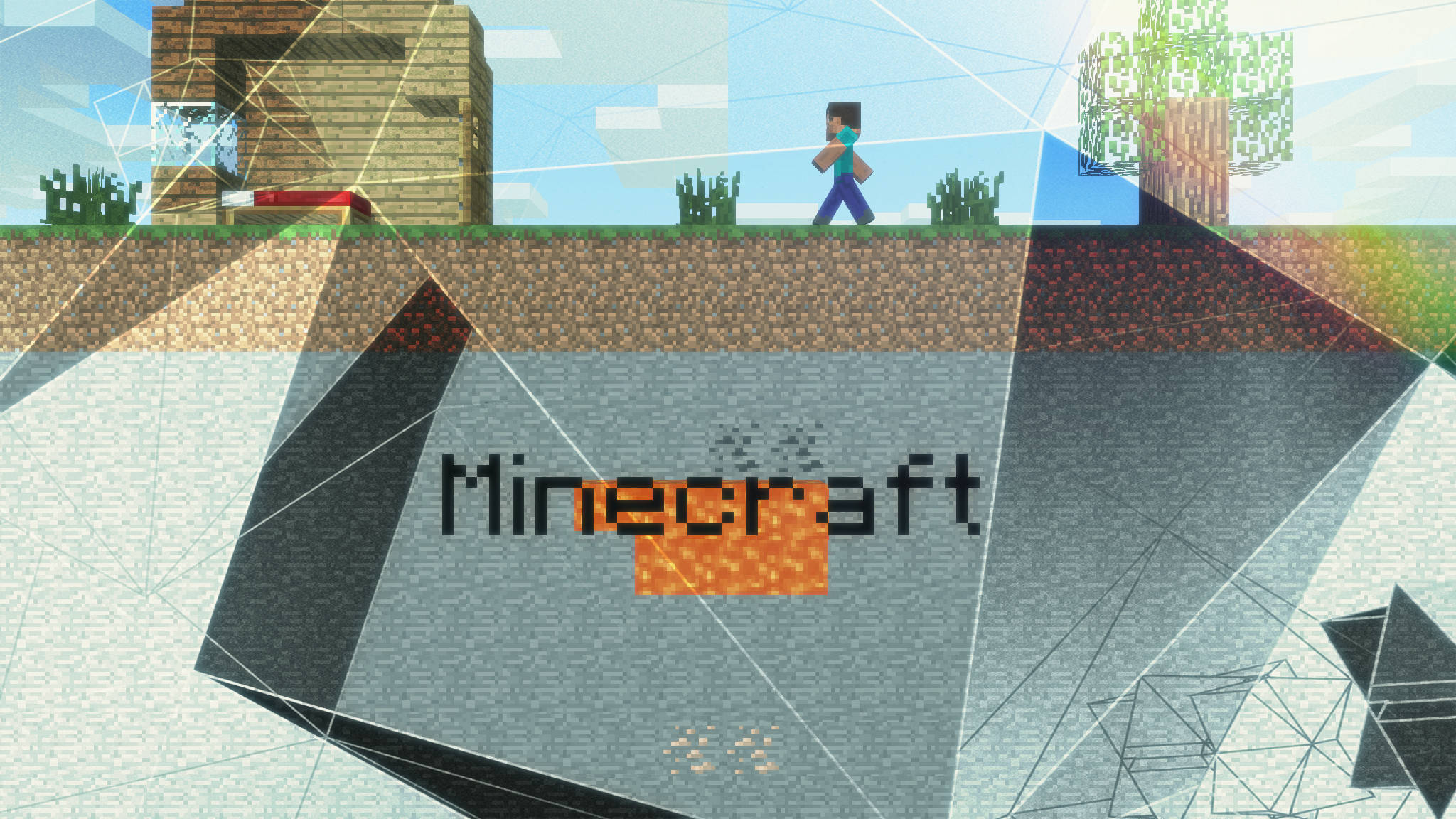4K Minecraft 壁紙 桌布 壁紙 — 一位Minecraft玩家在晴朗的天空下，走過一個有木屋和樹木的像素化景觀。
