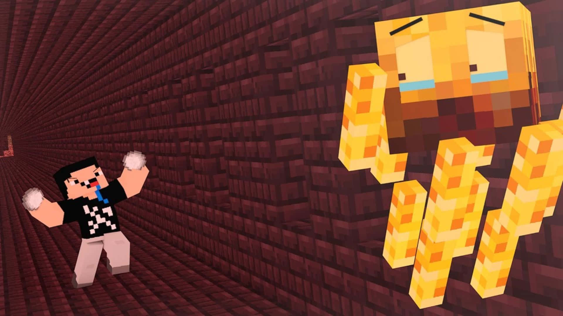 Minecraft Blaze 桌布 壁紙 — 一位Minecraft玩家在狹窄的紅石隧道中面對一個巨大的哭泣金魔像。