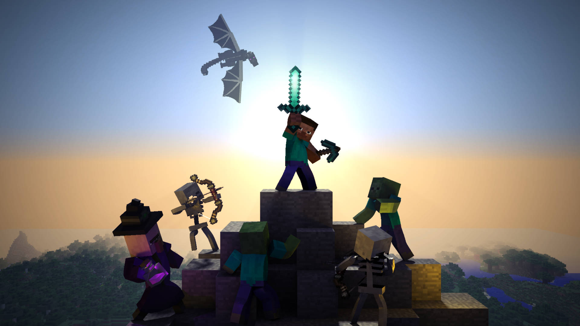 我的世界 桌布 壁紙 — 一位Minecraft玩家在石金字塔頂上勝利地舉起發光的劍，同時一條龍在日落時分飛過頭頂。