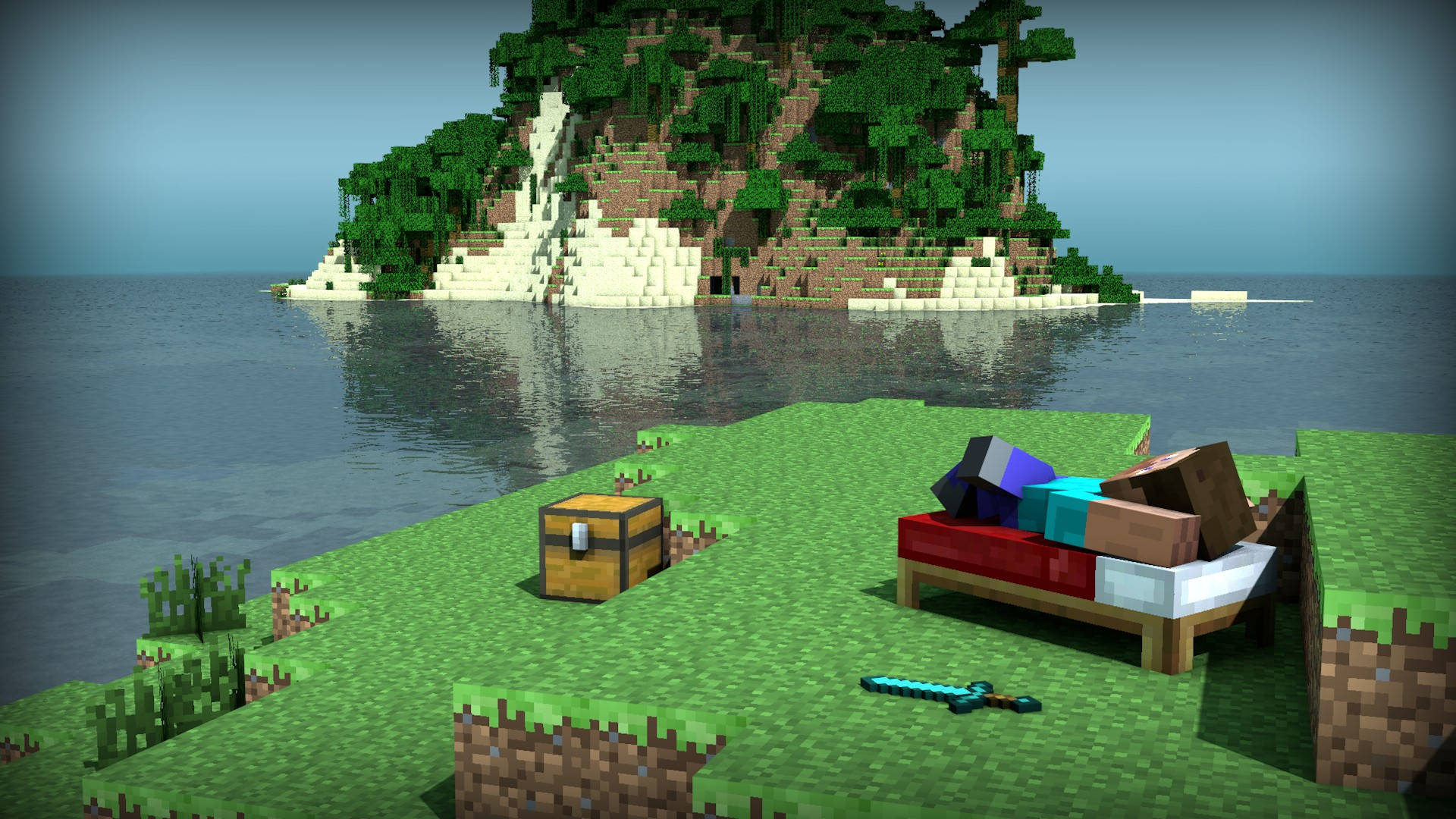 高清 桌布 壁紙 — 一位Minecraft玩家在草地島上的床休息，附近有個寶藏箱，背景是叢林覆蓋的山。