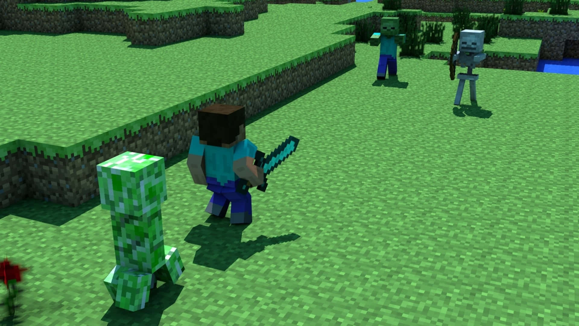 Minecraft Fight 桌布 壁紙 — 一位Minecraft玩家在長滿草的方塊平原上，揮舞鑽石劍面對一隻苦力怕和兩隻殭屍。