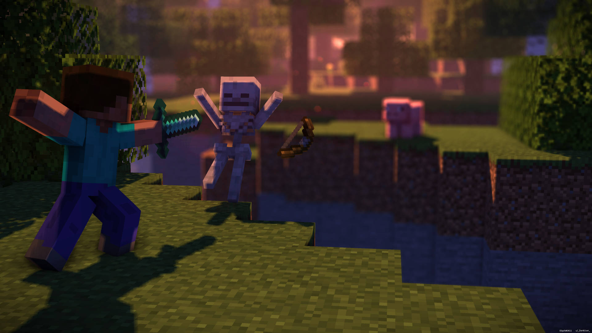  壁紙 — 一位Minecraft玩家在黃昏時於像素化草地上與骷髏戰鬥，背景有一隻豬。