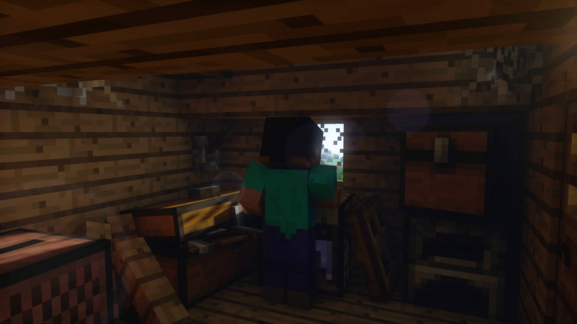 我的世界 史蒂夫 桌布 壁紙 — 一位Minecraft玩家在黃昏時站在木造小屋內，望向窗外的像素化風景。