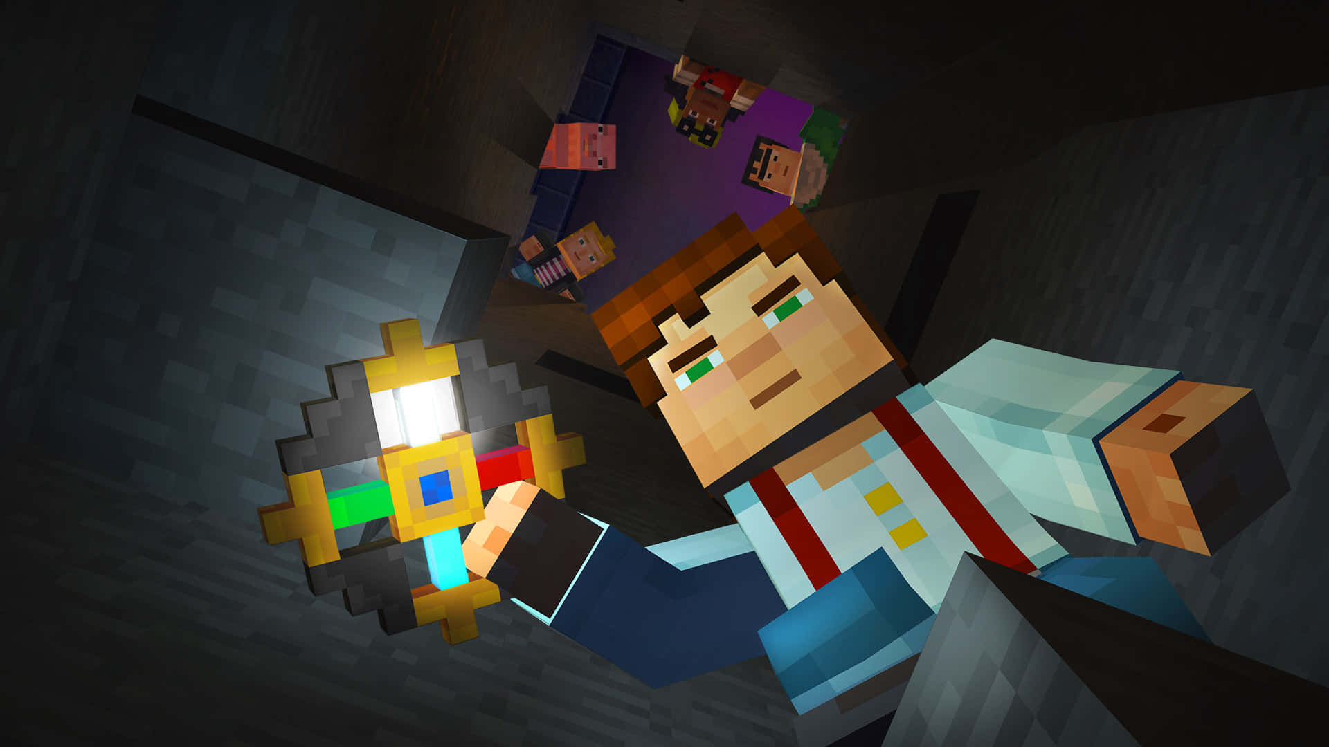 Minecraft Story Mode 桌布 壁紙 — 一位Minecraft玩家在黑暗地下洞穴中拿著發光燈籠，附近有其他像素角色。