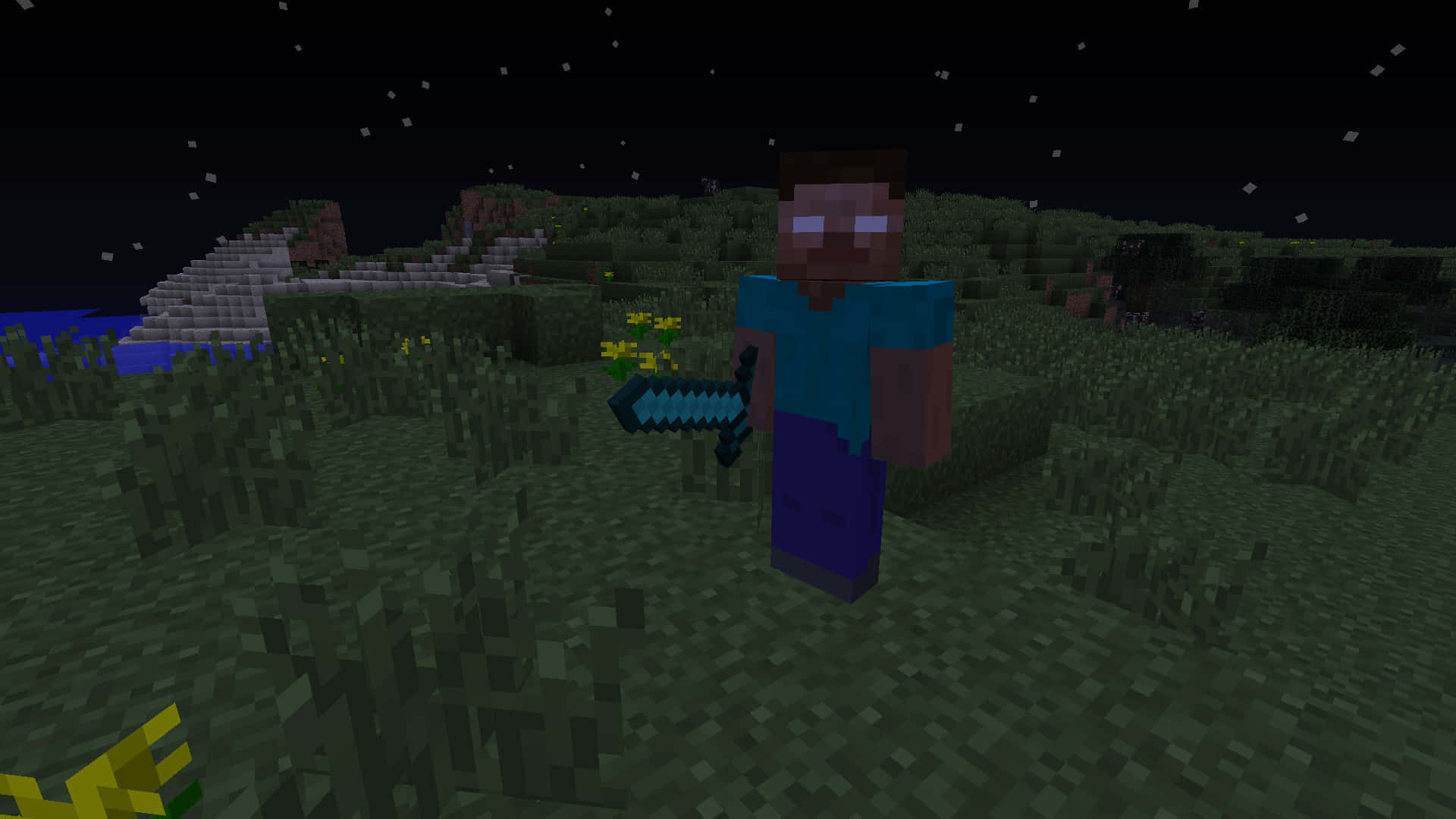 Herobrine 桌布 壁紙 — 一位Minecraft玩家夜晚站在草地上，在星空下手持鑽石劍。
