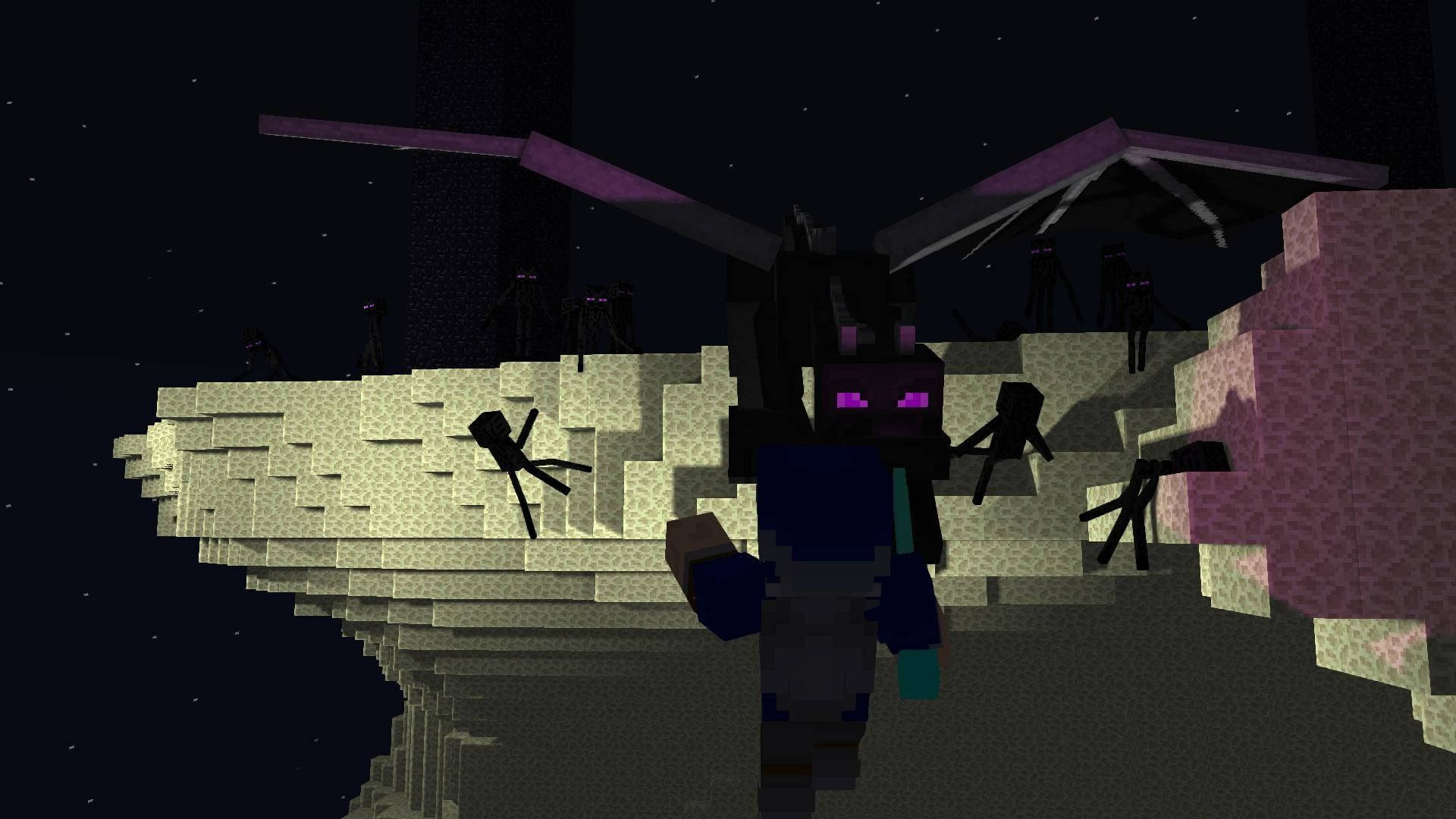 最佳我的世界 桌布 壁紙 — 一位Minecraft玩家夜晚站在方塊懸崖上，被紫色眼睛的蝙蝠和蜘蛛包圍，星空下。