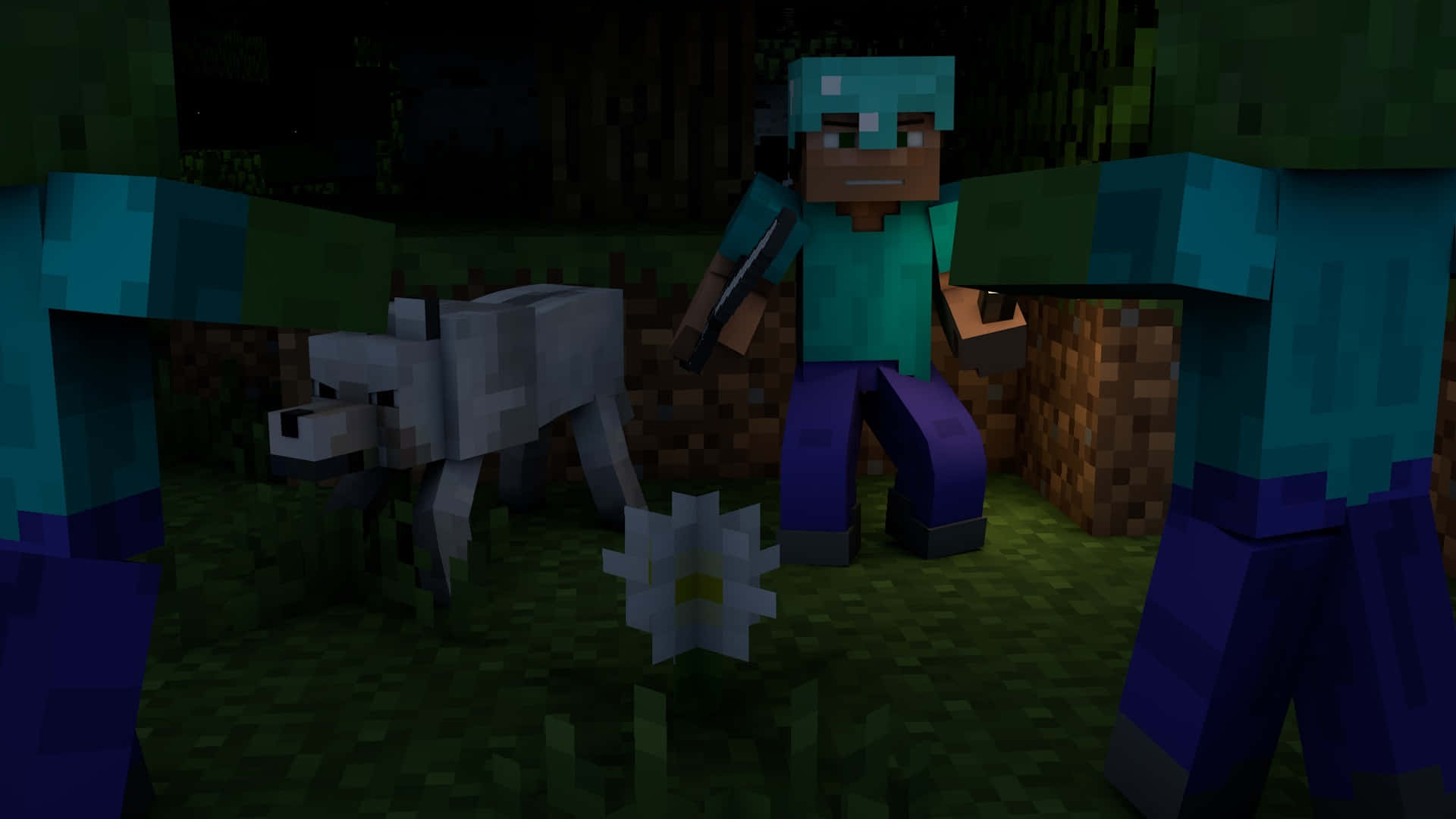 Minecraft Wolf 桌布 壁紙 — 一位Minecraft玩家帶著狼同伴，夜晚站在黑暗森林中，手持劍靠近一朵白花。