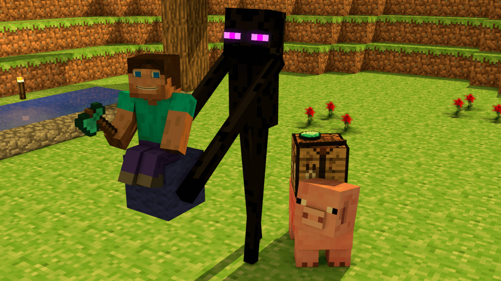 Enderman 桌布 壁紙 — 一位Minecraft玩家平靜地坐在高大的黑色終界使者與粉紅色豬旁邊，身處有紅花和小池塘的草地生態域。