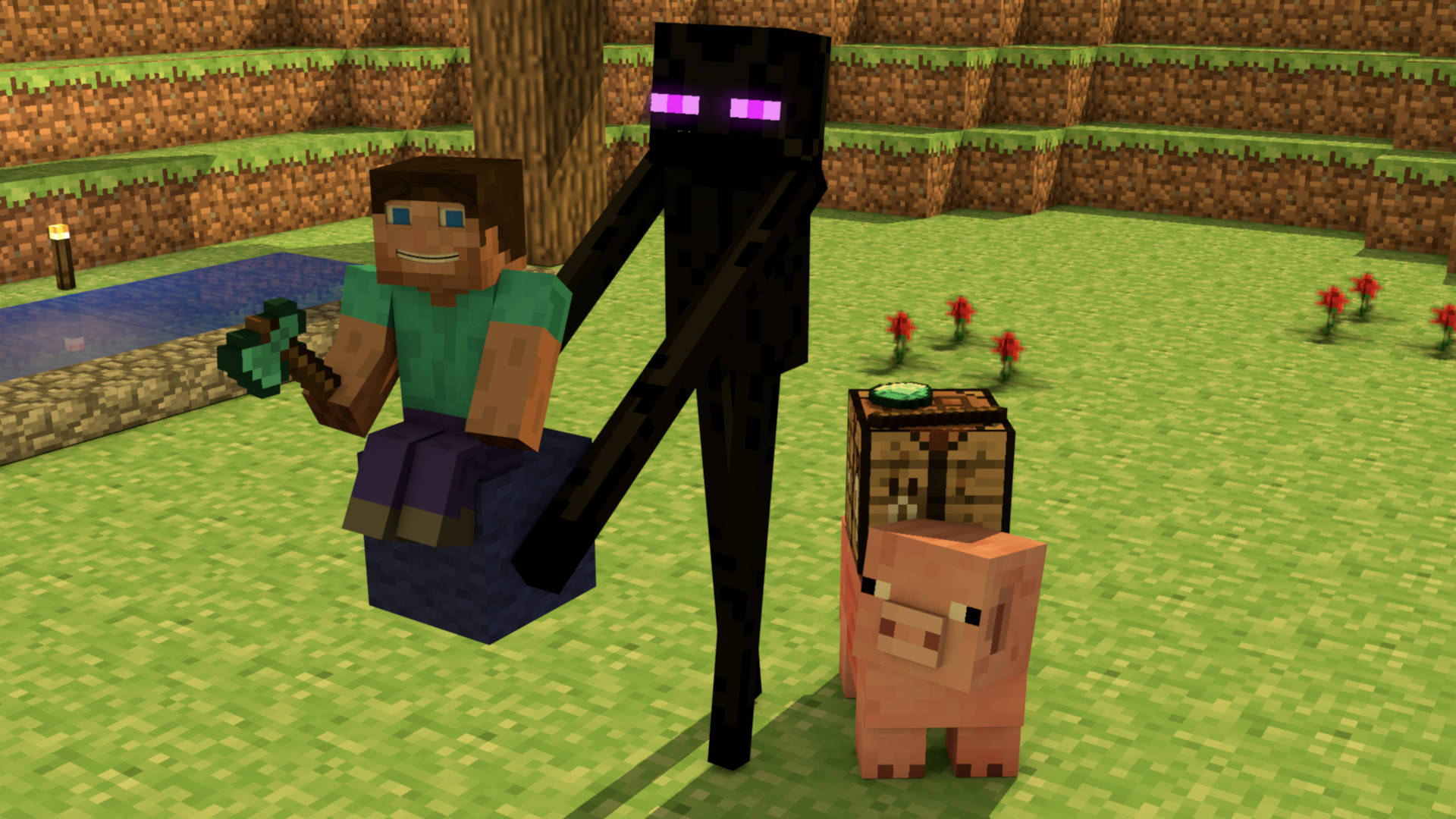 Minecraft玩家與終界使者和豬在草地生態域中，有花和水。